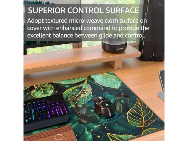 Alt view image 2 of 5 - KTRIO Large Gaming Mouse Pad with Stitched Edges, Extended Mousepad with Superior Micro-Weave Cloth, Non-Slip Base, Water Resist Keyboard Pad for Gamer, Office & Home, 31.5x15.7in, Green Leaves