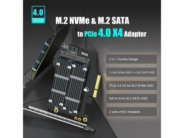 Alt view image 2 of 7 - WRIARICH Vszerda PA12-HS Dual M.2 SSD PCIe X4 Adapter with Heatsink for One M.2 NVMe SSD and One M.2 SATA SSD, Support PCIe 4.0 SSD and OS Boot from M.2 NVMe SSD