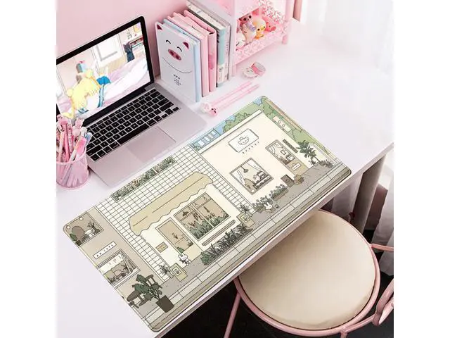 Alt view image 5 of 6 - WRIARICH Cute Desk Mat Kawaii Mousepad Bunny and Bear Cute Anime Japanese Street Pastel Beige Brown and Green Mouse Pad Extra Large Deskmat Cut Laptop Mouse Pads Decor