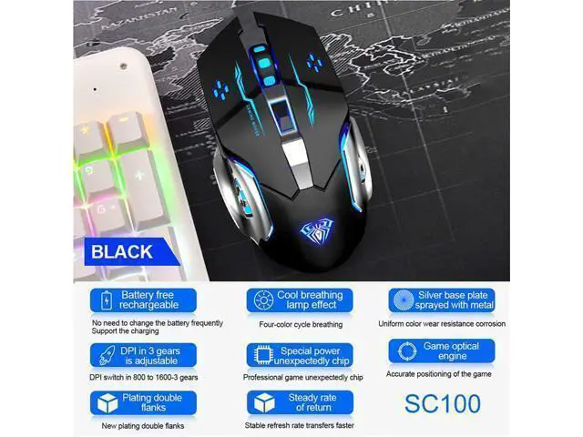 Alt view image 6 of 7 - WRIARICH Vszerda SC100 Silent Wireless Gaming Mouse Rechargeable, with Side Buttons, LED Backlit, DPI Adjustable, 2.4G Wireless Optical Computer Mice Punk Cool Mouse for Games/Work (Black)