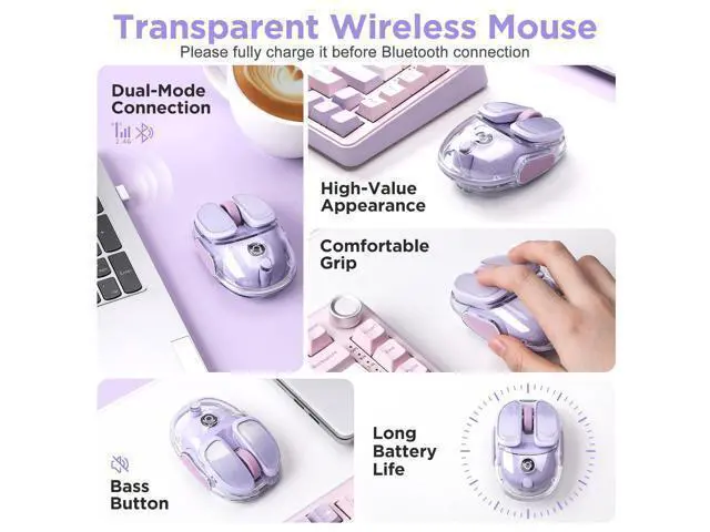Alt view image 2 of 7 - WRIARICH Vszerda Q9 Chargeable Portable Silent 2.4GHz/Bluetooth Dual Mode Wireless Mouse, 4 Adjustable DPI,4800 DPI Optical Tracking Mouse with RGB Lighting, Compatible Win/Mac/Android/iOS(Purple)