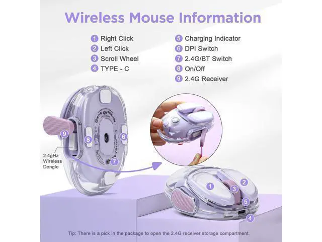 Alt view image 6 of 7 - WRIARICH Vszerda Q9 Chargeable Portable Silent 2.4GHz/Bluetooth Dual Mode Wireless Mouse, 4 Adjustable DPI,4800 DPI Optical Tracking Mouse with RGB Lighting, Compatible Win/Mac/Android/iOS(Purple)