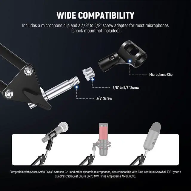 Alt view image 3 of 7 - WRIARICH Microphone Arm Stand, Suspension Scissor Boom Mic Arm Desk Mount with Clip & 3/8" to 5/8" Adapter Compatible with Blue Yeti Snowball HyperX QuadCast SoloCast Shure, Max Load 3.3 lbs, MS006