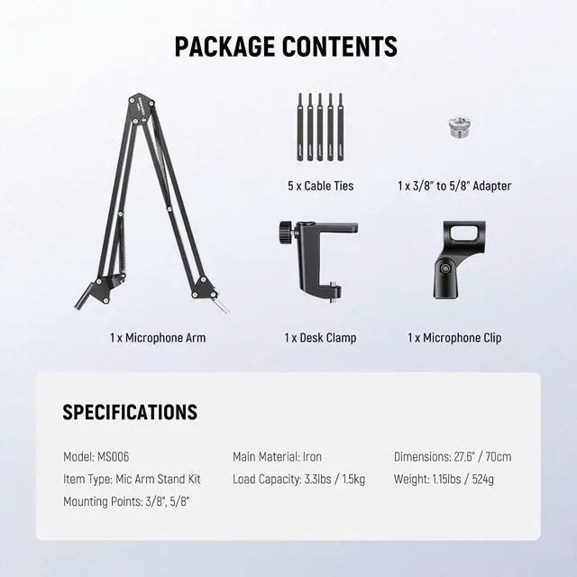 Alt view image 7 of 7 - WRIARICH Microphone Arm Stand, Suspension Scissor Boom Mic Arm Desk Mount with Clip & 3/8" to 5/8" Adapter Compatible with Blue Yeti Snowball HyperX QuadCast SoloCast Shure, Max Load 3.3 lbs, MS006