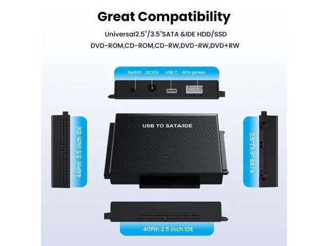 Alt view image 5 of 5 - WRIARICH Hard Drive Reader SATA IDE to USB 3.0 Adapter, USB + Type C to External Hard Drive Data Ultra Recovery Converter Kit for Universal 2.5" 3.5" IDE HDD, 2.5" SSD, with 12V/2A Power Adapter