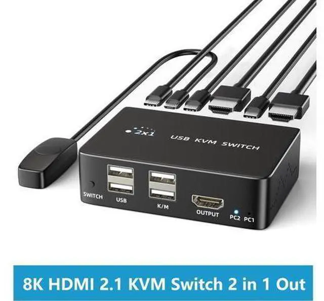 Main image of 8K@60Hz HDMI 2.1 USB KVM Switch 1 Monitors 2 Computers, 4K@120Hz USB switcher HDMI KVM Switch 2 in 1 Out with Remote and 4 USB 2.0 Port, 2 USB Cables and 1 Desktop Controller for Work or Entertainment