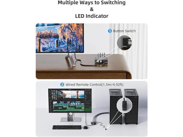 Alt view image 4 of 7 - 8K@60Hz HDMI 2.1 USB KVM Switch 1 Monitors 2 Computers, 4K@120Hz USB switcher HDMI KVM Switch 2 in 1 Out with Remote and 4 USB 2.0 Port, 2 USB Cables and 1 Desktop Controller for Work or Entertainment