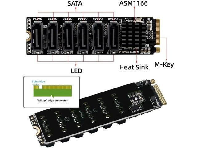 Alt view image 4 of 7 - WRIARICH NGFF NVME M-Key PCI Express to SATA 3.0 6 Ports 6Gbps Adapter Converter Hard Drive Extension Card 2280