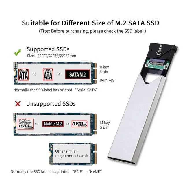 Alt view image 2 of 6 - WRIARICH Aluminum USB 3.2 Gen 1 to M.2 SATA NGFF SSD Enclosure Adapter, External SATA Based M.2 Solid State Drive Enclosure Reader (for M.2 SATA SSD only)