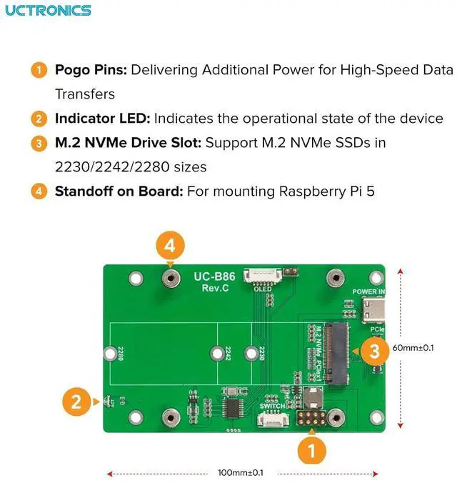 Alt view image 2 of 7 - WRIARICH PCIe to M.2 Adapter Key-M NVMe SSD PCIe Peripheral Board for Raspberry Pi 5, M.2 2230/2242/2280 SSD Compatible