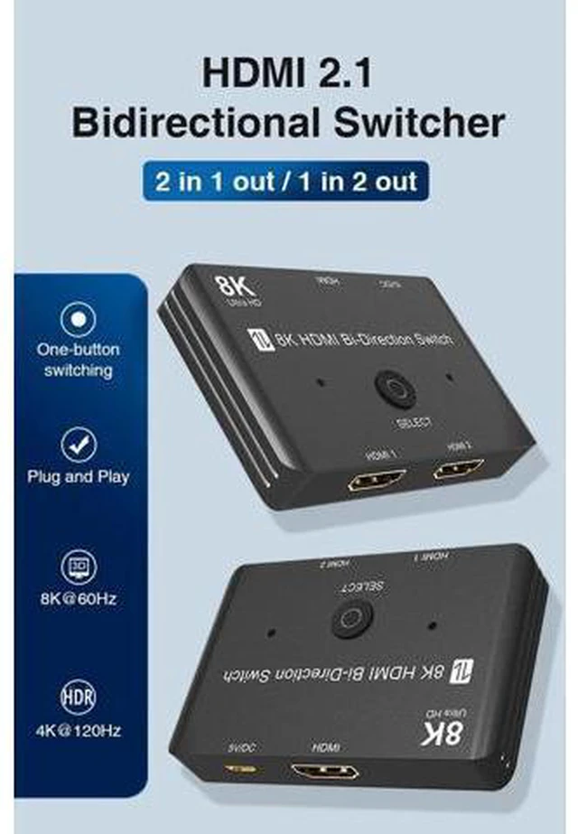 Alt view image 2 of 7 - WRIARICH 8K HDMI Switcher, 4K 120hz HDR Aluminum Bi-Directional Switch Splitter 2 in 1 Out or 1 in 2 Out, Support High Speed 48Gbps 8K@60Hz, for PS5, Xbox Series X , Apple TV, Samsung TV