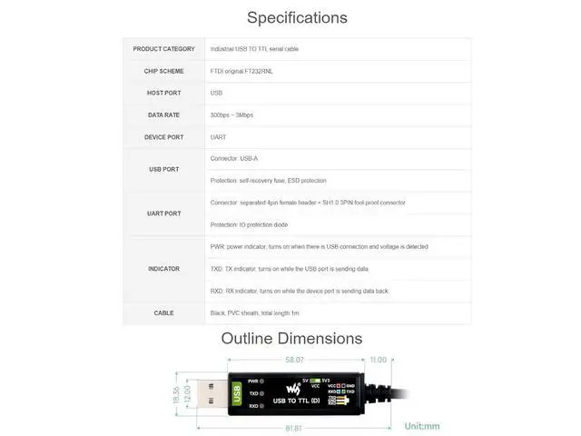 Alt view image 3 of 7 - WRIARICH Industrial USB to TTL Serial Adapter Cable, USB to TTL (D) Converter Onboard FT232RNL Chip Suitable for Raspberry Pi 5 Serial Port Debugging,3.3V/5V Voltage Level Switching