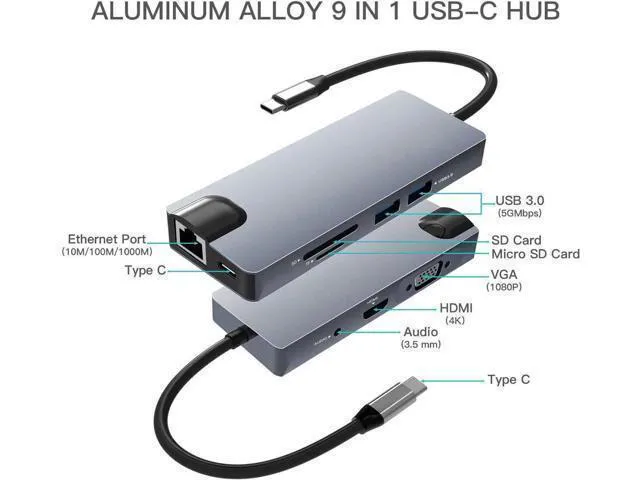 Alt view image 2 of 7 - USB C Hub, 9-in-1 USB C Adapter with 4K HDMI, 60W Power Delivery,2 USB 3.0 Ports, 1Gbps Ethernet Port and SD/TF Card Readers, 1080P VGA, 2 USB3.0, Audio Jack for MacBook/Pro/Air, Type-C Laptops, iPad