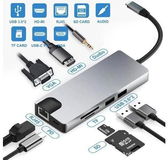 Main image of USB C Hub, 9-in-1 USB C Adapter with 4K HDMI, 60W Power Delivery,2 USB 3.0 Ports, 1Gbps Ethernet Port and SD/TF Card Readers, 1080P VGA, 2 USB3.0, Audio Jack for MacBook/Pro/Air, Type-C Laptops, iPad