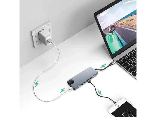 Alt view image 3 of 7 - USB C Hub, 9-in-1 USB C Adapter with 4K HDMI, 60W Power Delivery,2 USB 3.0 Ports, 1Gbps Ethernet Port and SD/TF Card Readers, 1080P VGA, 2 USB3.0, Audio Jack for MacBook/Pro/Air, Type-C Laptops, iPad