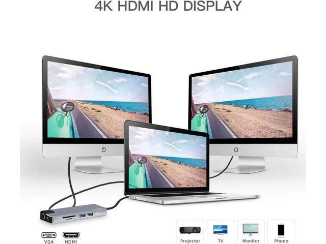 Alt view image 6 of 7 - USB C Hub, 9-in-1 USB C Adapter with 4K HDMI, 60W Power Delivery,2 USB 3.0 Ports, 1Gbps Ethernet Port and SD/TF Card Readers, 1080P VGA, 2 USB3.0, Audio Jack for MacBook/Pro/Air, Type-C Laptops, iPad