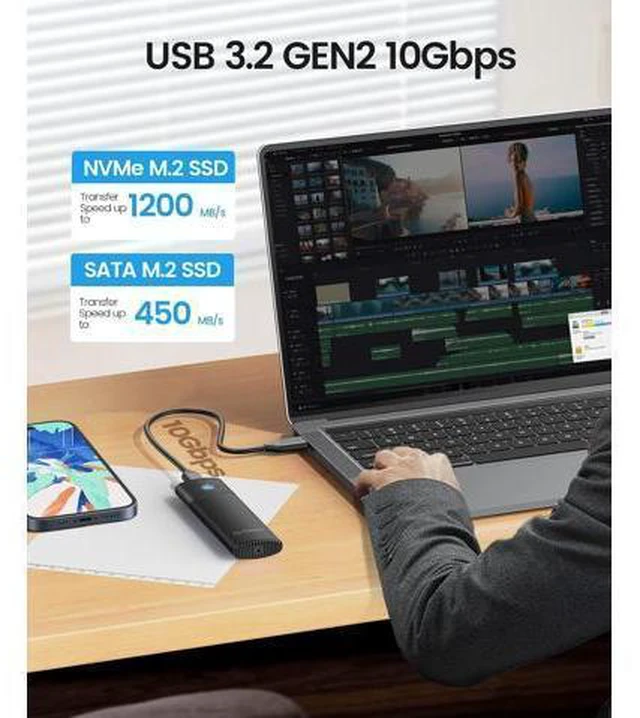 Alt view image 2 of 7 - WRIARICH Aluminum M.2 NVMe SSD Enclosure , Tool-Free 10Gbps USB C Adapter, USB 3.2 M.2 NVMe Reader, External SSD Case Thunderbolt 3 Compatible, Supports 4TB 2230/2242/2260/2280 PCIe M-Key SSDs-PWM2-BK