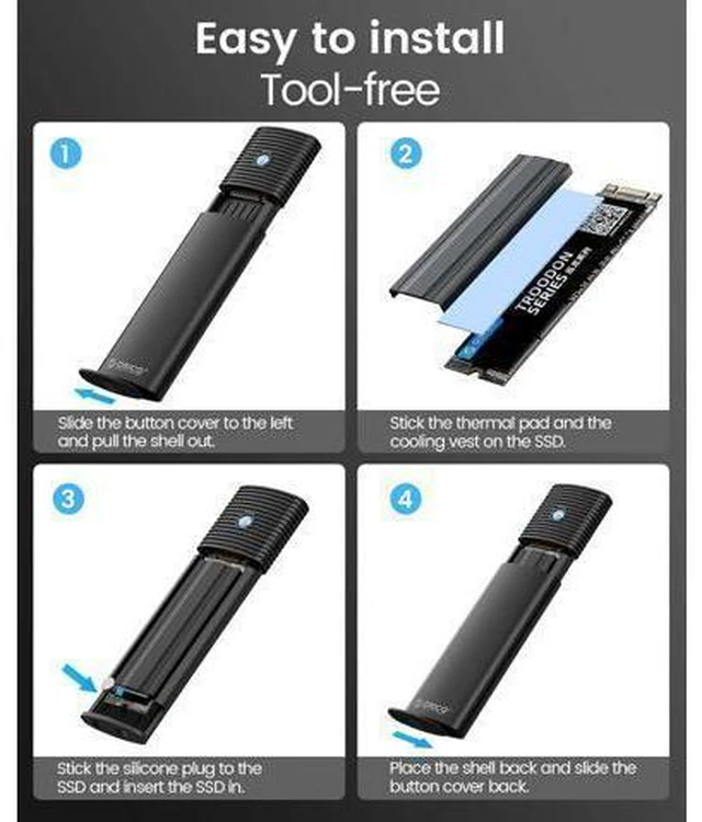 Alt view image 6 of 7 - WRIARICH Aluminum M.2 NVMe SSD Enclosure , Tool-Free 10Gbps USB C Adapter, USB 3.2 M.2 NVMe Reader, External SSD Case Thunderbolt 3 Compatible, Supports 4TB 2230/2242/2260/2280 PCIe M-Key SSDs-PWM2-BK