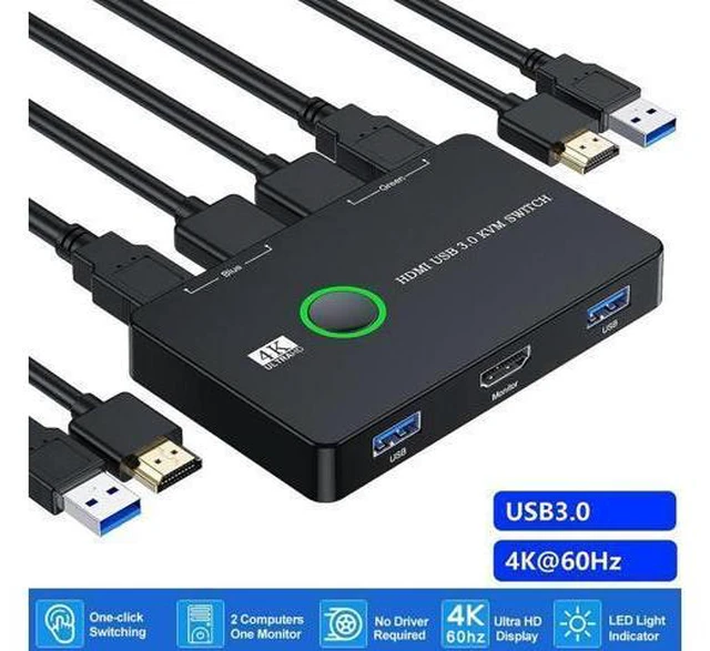 Main image of WRIARICH KVM Switch HDMI, Upgraded USB 3.0 and HDMI KVM Switch for 2 Computers Share Keyboard Mouse Printer to One HD Monitor, Supports 4K @60Hz, 2 HDMI Cables and 2 USB Cables Included