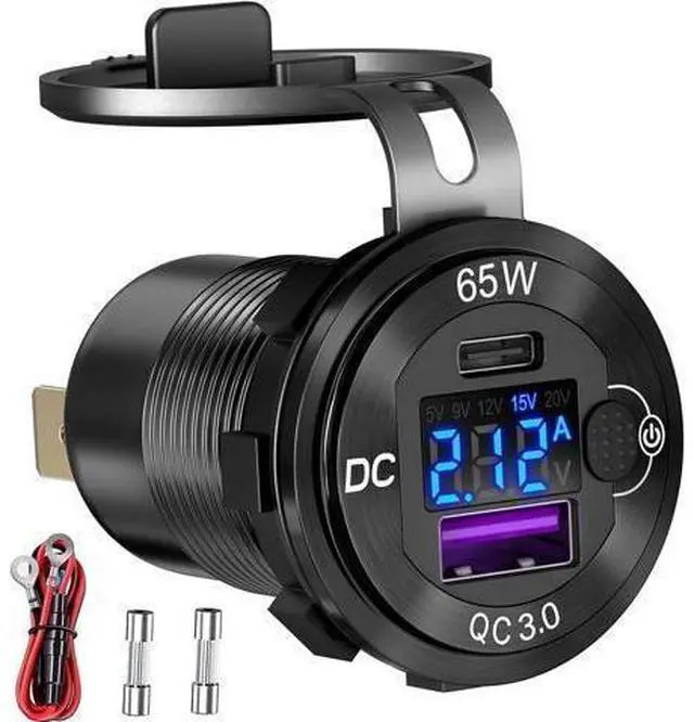 Main image of 83W 12 Volt USB Outlet Built-in Boost USB C Laptop Car Charger: Ouffun 65W PD3.0 and 18W QC3.0 Car USB Port Aluminum Socket with Button Switch Smart Voltmeter, Suitable for Car RV Marine Golf Cart