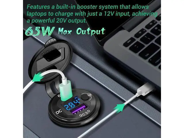 Alt view image 2 of 7 - 83W 12 Volt USB Outlet Built-in Boost USB C Laptop Car Charger: Ouffun 65W PD3.0 and 18W QC3.0 Car USB Port Aluminum Socket with Button Switch Smart Voltmeter, Suitable for Car RV Marine Golf Cart