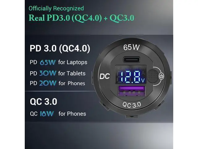 Alt view image 3 of 7 - 83W 12 Volt USB Outlet Built-in Boost USB C Laptop Car Charger: Ouffun 65W PD3.0 and 18W QC3.0 Car USB Port Aluminum Socket with Button Switch Smart Voltmeter, Suitable for Car RV Marine Golf Cart