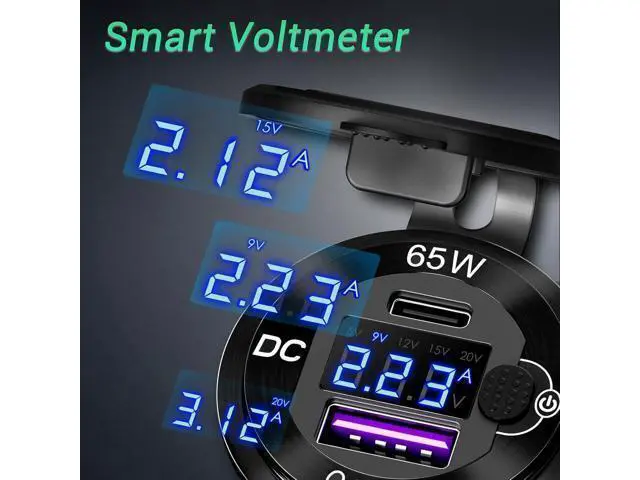 Alt view image 4 of 7 - 83W 12 Volt USB Outlet Built-in Boost USB C Laptop Car Charger: Ouffun 65W PD3.0 and 18W QC3.0 Car USB Port Aluminum Socket with Button Switch Smart Voltmeter, Suitable for Car RV Marine Golf Cart