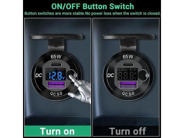Alt view image 6 of 7 - 83W 12 Volt USB Outlet Built-in Boost USB C Laptop Car Charger: Ouffun 65W PD3.0 and 18W QC3.0 Car USB Port Aluminum Socket with Button Switch Smart Voltmeter, Suitable for Car RV Marine Golf Cart