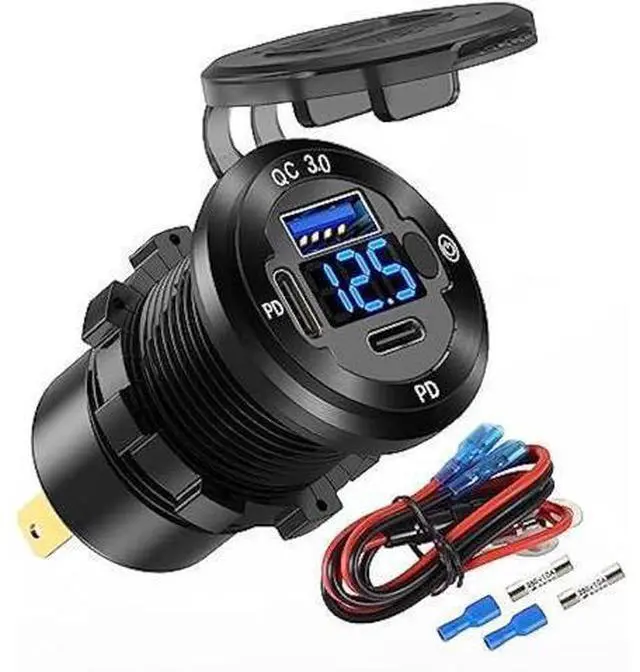 Main image of 12V USB Car Socket Round USB C 12V Outlet, 3-Port Marine USB Fast Charger Waterproof Cigarette Outlet USB Replacement Aluminum with Switch & Voltmeter, Suitable for Boat Golf Cart RV Motorcycle Truck