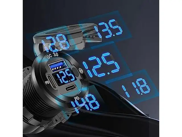 Alt view image 4 of 7 - 12V USB Car Socket Round USB C 12V Outlet, 3-Port Marine USB Fast Charger Waterproof Cigarette Outlet USB Replacement Aluminum with Switch & Voltmeter, Suitable for Boat Golf Cart RV Motorcycle Truck