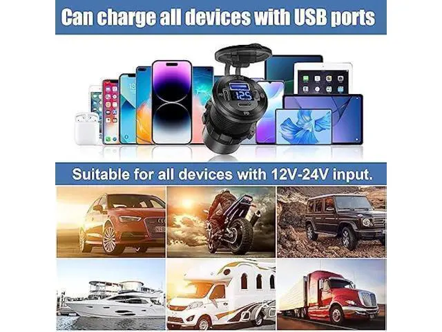 Alt view image 7 of 7 - 12V USB Car Socket Round USB C 12V Outlet, 3-Port Marine USB Fast Charger Waterproof Cigarette Outlet USB Replacement Aluminum with Switch & Voltmeter, Suitable for Boat Golf Cart RV Motorcycle Truck