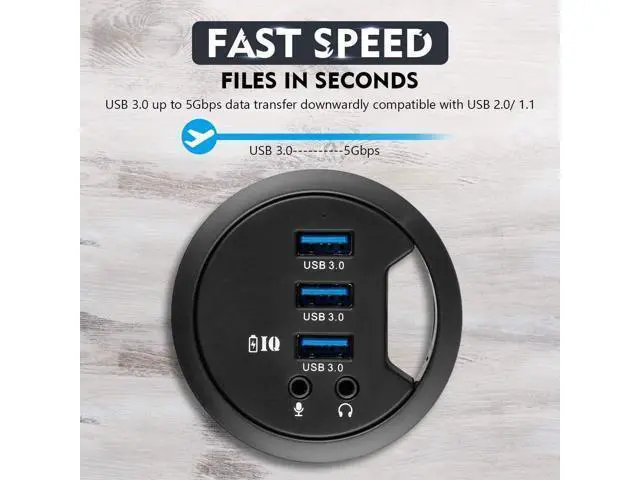 Alt view image 3 of 7 - WRIARICH Grommet Hole in Desk USB 3.0 3 Port Hub BC 1.2 USB Charger with 3.5mm Sound Card Mic Phone Jack, for iPhone/Smart Phones