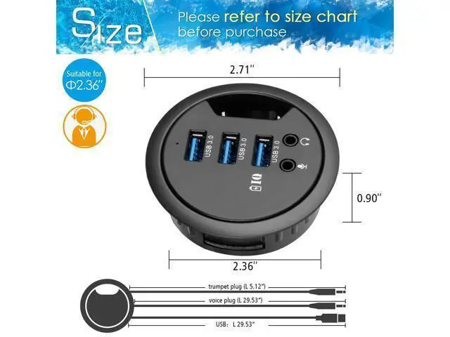 Alt view image 2 of 7 - WRIARICH Grommet Hole in Desk USB 3.0 3 Port Hub BC 1.2 USB Charger with 3.5mm Sound Card Mic Phone Jack, for iPhone/Smart Phones