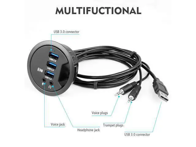 Alt view image 4 of 7 - WRIARICH Grommet Hole in Desk USB 3.0 3 Port Hub BC 1.2 USB Charger with 3.5mm Sound Card Mic Phone Jack, for iPhone/Smart Phones