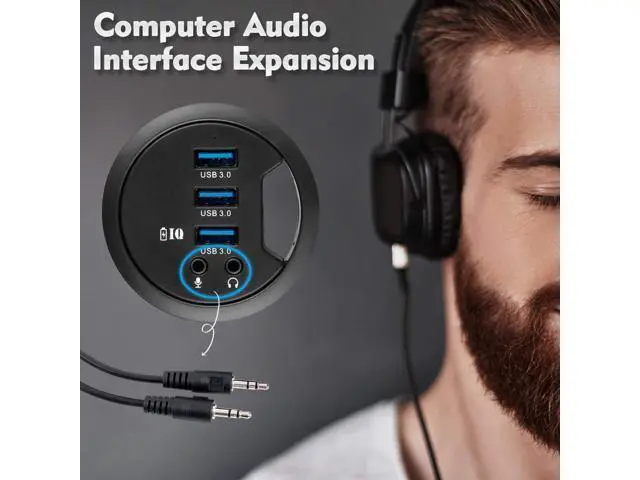 Alt view image 5 of 7 - WRIARICH Grommet Hole in Desk USB 3.0 3 Port Hub BC 1.2 USB Charger with 3.5mm Sound Card Mic Phone Jack, for iPhone/Smart Phones