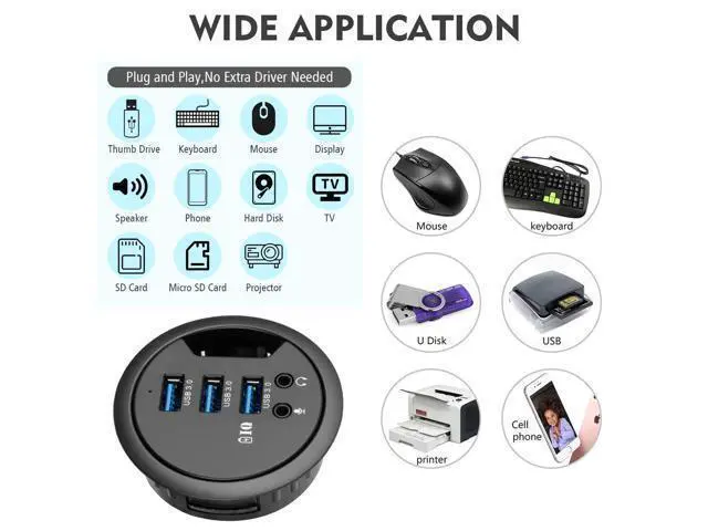 Alt view image 7 of 7 - WRIARICH Grommet Hole in Desk USB 3.0 3 Port Hub BC 1.2 USB Charger with 3.5mm Sound Card Mic Phone Jack, for iPhone/Smart Phones