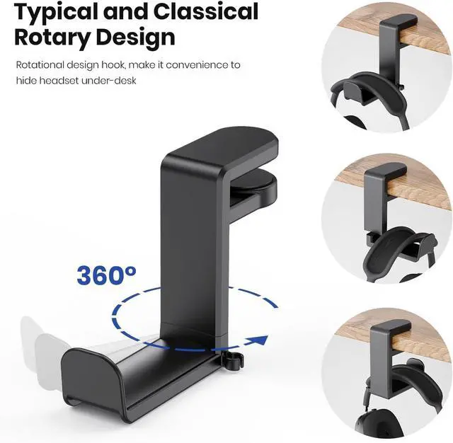 Alt view image 2 of 7 - WRIARICH Rotating Headphone Stand - PC Gaming Headset Holder, Adjustable Clamp-on Under Desk Hanger With 360 Degree Swivel & Cable Clip Organizer - Black