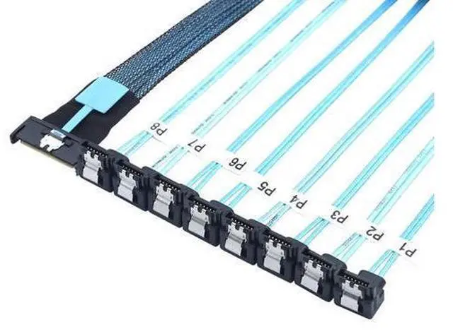 Main image of WRIARICH MCIO PCIe SAS SFF-8654 8i 74Pin to 8* SATA 7Pin Female 90-Degree Cable \u2013 32AWG High-Speed Server Hard Drive Adapter (0.8M)