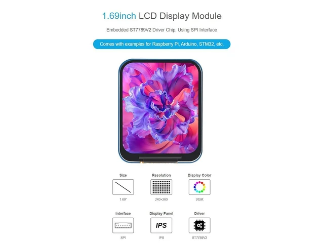 Alt view image 2 of 7 - WRIARICH 1.69inch LCD Display Module 240×280 Resolution 262K Display Colors IPS Screen for Raspberry Pi, Arduino, STM32,Embedded ST7789V2 Driver Chip,SPI Interface