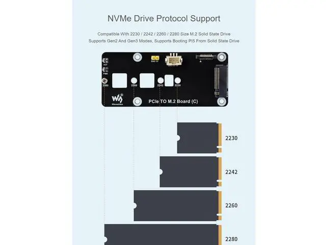 Alt view image 5 of 7 - WRIARICH PCIe to M.2 Adapter Board (C) for Raspberry Pi 5,Support M.2 NVMe SSD 2230 2242 2260 2280,Supports Gen2 and Gen3 Modes