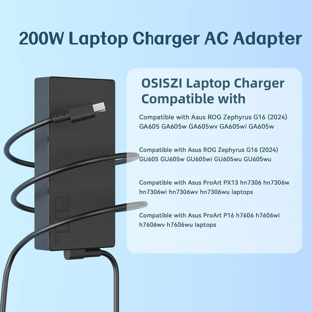 Alt view image 4 of 7 - WRIARICH 200W Laptop Charger ADP-200JB K Compatible with ASUS TUF Gaming A14 A16 RTX4070 RTX5070ti Zephyrus G14 G16 16.0" GU605 GA605 GU605CM GU605CP Gaming Power AC Adapter