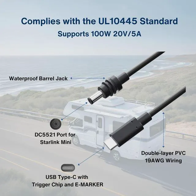 Alt view image 3 of 7 - WRIARICH DC to USB-C Power Cable for Starlink Mini 15M/50FT, Support PD 100W 20V/5A Input, 19AWG Cord & Waterproof Barrel Jack, Compatible with USB-C PD Power Bank Charger Power Supply