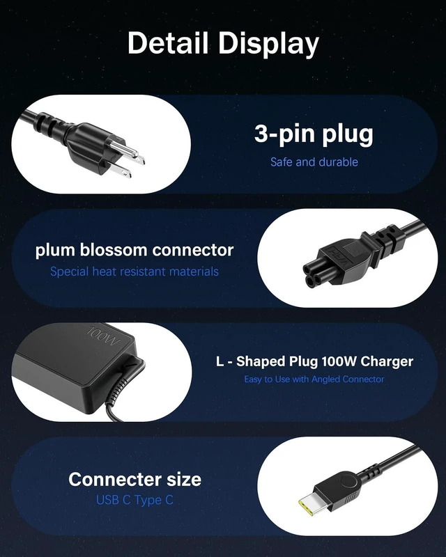 Alt view image 4 of 7 - WRIARICH 100W 65W USB C Laptop Charger Compatible with Lenovo Thinkpad/Yoga/IdeaPad/Chromebook, ADLX65YDC2A USB Type C Laptop Charger
