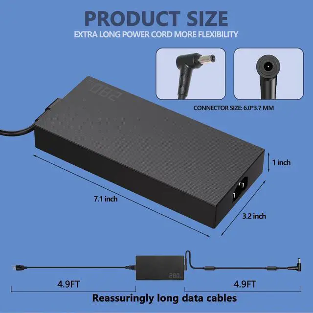 Alt view image 2 of 7 - WRIARICH 14A 20V 280W for Asus Laptop Charger 6.0 x 3.7MM, Compatible with ROG Strix G15 G17 G614 G713 G814 Scar 15 17 G532L G732L G733Z Zephyrus S17 M16 Gaming A16 FA617 Laptop-Grid Surface Design