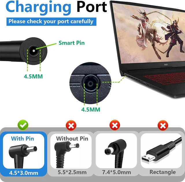 Alt view image 2 of 7 - WRIARICH 240W 20V 12A AC Adapter for MSI Pulse GL76 GL66 Crosshair 15 16 17 Katana GF76 Stealth 14 Studio A13FV ms-14K1 ms-1543 Laptop Charger A20-240P2A A240A010P ADP-240EB D Power Supply