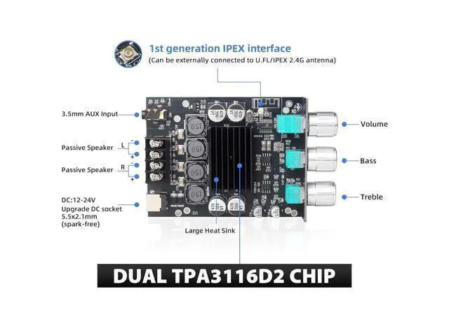 Alt view image 2 of 6 - WRIARICH ZK-1002T 100W+100W Power Amplifier Board, TPA3116D2 Chip with Bluetooth and AUX Inputs, 2.0 Channel Audio Power Amplifier (ZK-1002T)