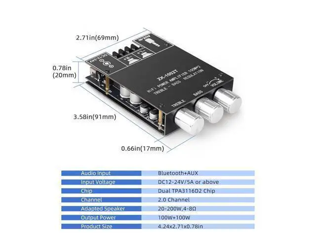 Alt view image 5 of 6 - WRIARICH ZK-1002T 100W+100W Power Amplifier Board, TPA3116D2 Chip with Bluetooth and AUX Inputs, 2.0 Channel Audio Power Amplifier (ZK-1002T)