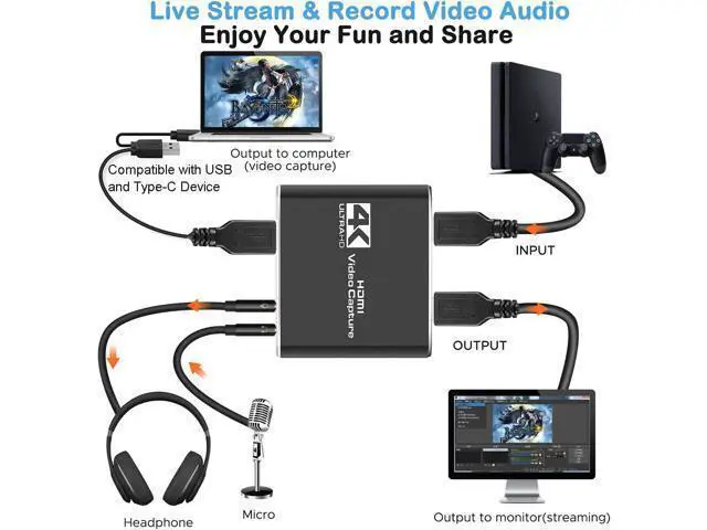 Alt view image 3 of 6 - WRIARICH Capture Card, HDMI Audio Video Capture Card, 1080P 60FPS Video Recorder Capture Device Converter with Mic Input & Audio Output and 4K HD Loop-Out Work with Nintendo Switch/PS4/DSLR/OBS