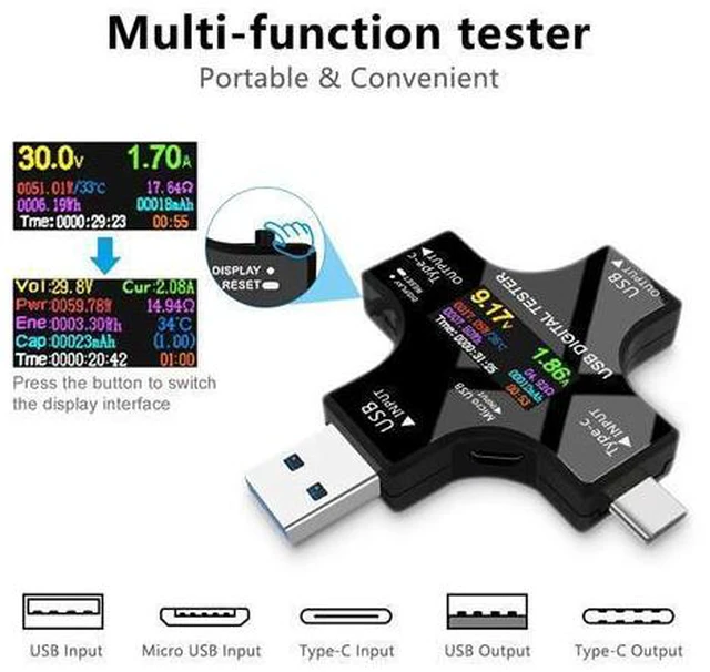 Alt view image 2 of 7 - USB Power Meter Testers, Electop Upgrade Multi Functional 2 in 1 Type C USB Tester, LCD Digital Multimeter, Voltage,Current, Power Capacity, Temperature, Working Time Detector (Pack with OTG Adapter)