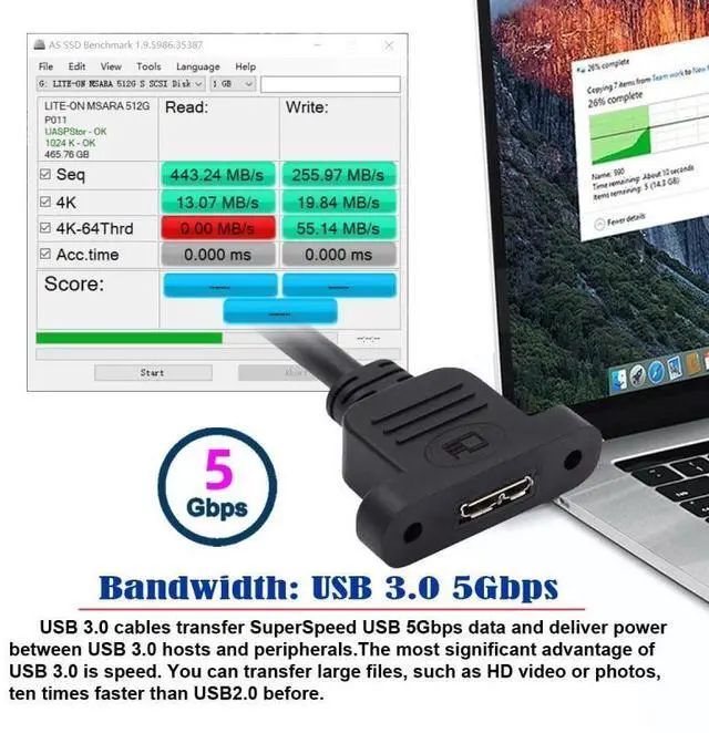 Alt view image 5 of 7 - WRIARICH Type-A USB 3.0 Female to Micro 3.0 Type-B Female Screw Mount Type Extension Cable 5Gbps